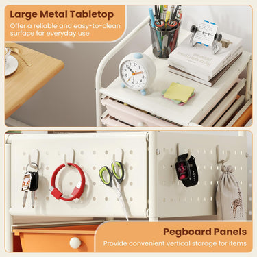 14-Drawer Rolling Cart with Pegboard 2 Locking Brakes and Metal Frame for Classroom Home Office