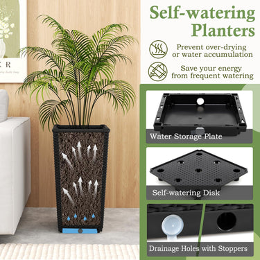 Tall Wicker Planter Box Set of 2, Square Self-Watering Planter