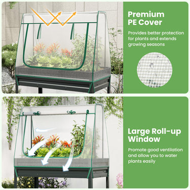 3-in-1 Raised Garden Bed w/Greenhouse Cover & Trellis, Galvanized Metal Elevated Planter Box - PatiojoyAU