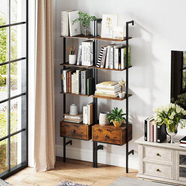 5-Tier Ladder Bookcase with Drawer Tall Wall-Mounted Bookshelf