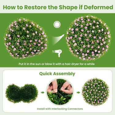 2 PCS Artificial Plant Topiary Balls, 44.5 cm Faux Decorative Balls w/Pink Flowers