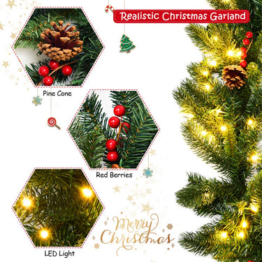 2.7m Pre-lit Christmas Pine Garland with 100 LED Lights and 200 Tips