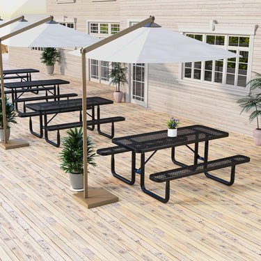 Outdoor Picnic Table & Bench Set for 8, 184cm Coated Steel Rectangular Camping Table with Seats & Mesh Grid - PatiojoyAU