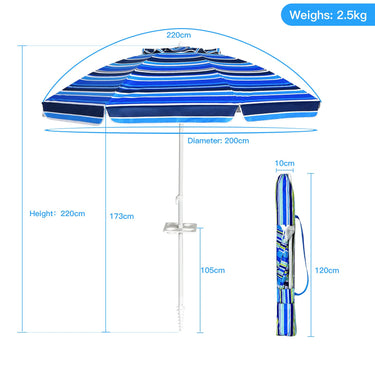 2.2m Parasol, Angle-Adjustable Beach Umbrella, Balcony Umbrella with Ground Socket