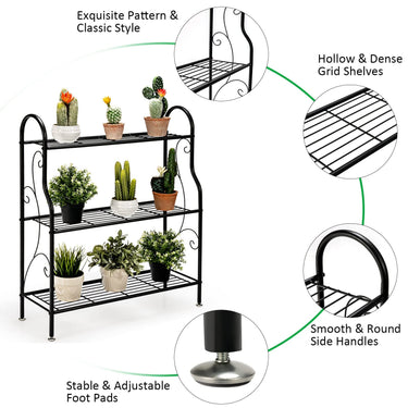 3-Tier Scrollwork Design Metal Plant Stand for Balcony Garden Yard