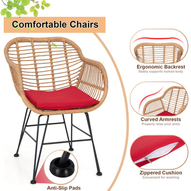 Patio Bistro Set, Outdoor PE Rattan Armchairs with Tempered Glass Coffee Table - PatiojoyAU