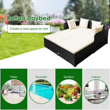 Rattan Daybed, Outdoor Furniture w/Spacious Seat, Weather-Resistant Rattan (Beige)