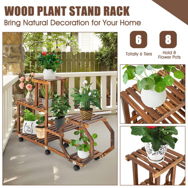 4 Tiers Wood Plant Stand, Rolling Flower Rack w/ Octagonal Design, Freestanding Corner Plant Shelf