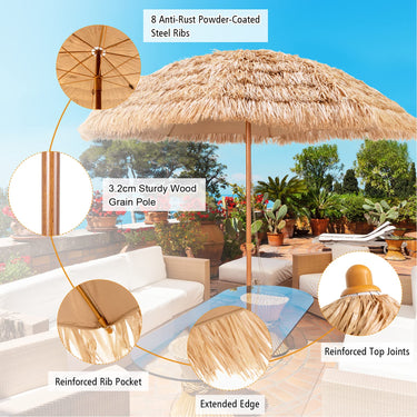 8 FT Thatched Tiki Umbrella Hawaiian Style Outdoor Hula Umbrella w/8 Metal Ribs