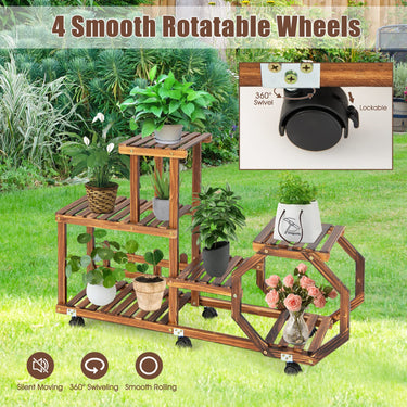 4 Tiers Wood Plant Stand, Rolling Flower Rack w/ Octagonal Design, Freestanding Corner Plant Shelf