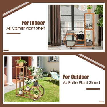 5 Tiers Wood Plant Stand, Rolling Flower Rack w/ Octagonal Design