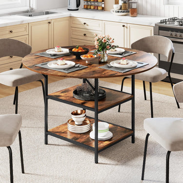 120 CM Round Dining Table with 2-Tier Storage Shelf and Heavy-duty Metal Frame