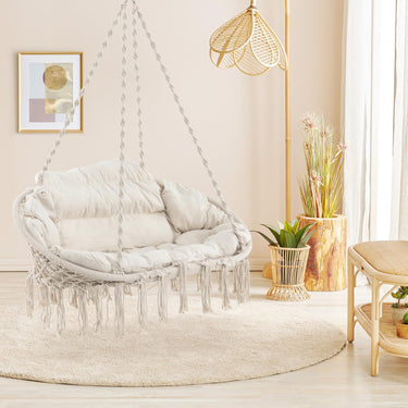Swing Chair Hand-Woven Rope Hanging Chair with Thick Cushion & Folding Metal Frame