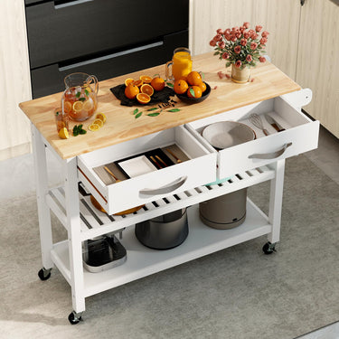 3-Tier Rolling Utility Kitchen Island with Storage Wood Countertop