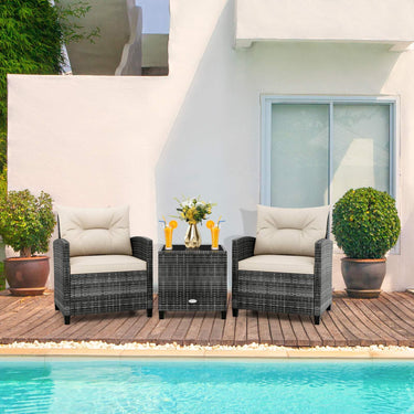 3 Piece Patio Rattan Sofa Set, Outdoor Wicker Conversation Set W/Soft Seat & Back Cushions