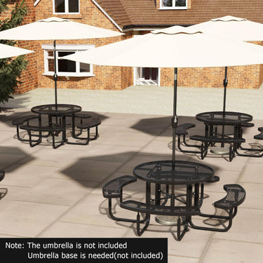 Outdoor Round Picnic Table & Bench Set for 8, 115cm Coated Steel Camping Table with Seats & Umbrella Hole - PatiojoyAU