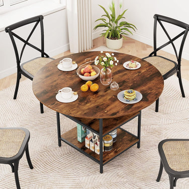 120 CM Round Dining Table with 2-Tier Storage Shelf and Heavy-duty Metal Frame