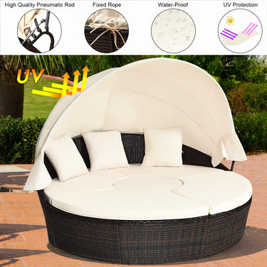 Patio Round Daybed with Retractable Canopy Outdoor Wicker Rattan Furniture Sets