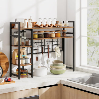 4-Tier Desk Shelf with Metal Grid Panel and 6 Hooks