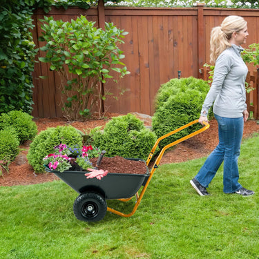 Dual-Wheel Wheelbarrow, Heavy-Duty Garden Utility Cart with Built-in Stand, Pneumatic Tires - PatiojoyAU
