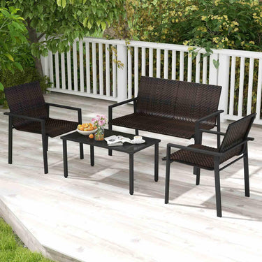 4 Pieces Patio Furniture Set, Heavy Duty Galvanized Metal Frame Outdoor Wicker Table and Chairs Set - PatiojoyAU