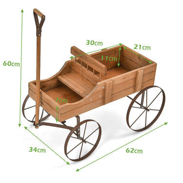 Wood Wagon Flower Planter Decorative Pot Stand with Wheels & 2 Planting Sections