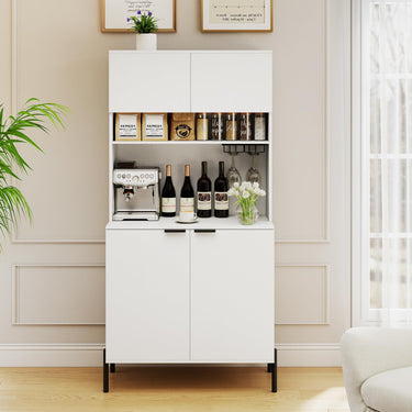 Kitchen Pantry Cabinet with Charging Station, 164 cm Tall Wine Bar Cabinet with Wine Glass Rack