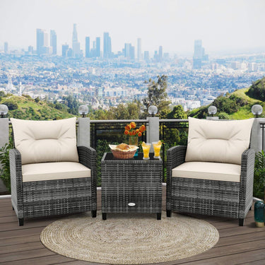 3 Piece Patio Rattan Sofa Set, Outdoor Wicker Conversation Set W/Soft Seat & Back Cushions