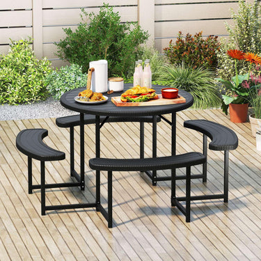 Round Picnic Table Bench Set Outdoor Circular Picnic Table with 4 Benches