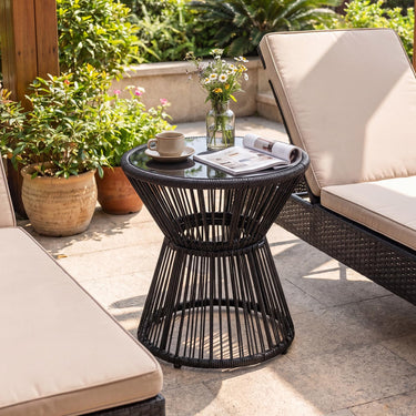 Outdoor Side Table with LED Warm Light, PE Rattan Hourglass-Shaped End Table with Tempered Glass Top