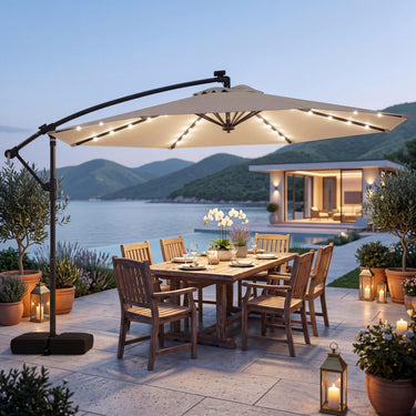 3M Offset Cantilever Patio Umbrella with Solar LED Lights, Outdoor Hanging Market Umbrella