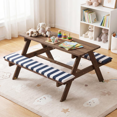 Fir Wood Toddler Outdoor Table Set w/2 Built-in Benches, Soft Seat Cushions, Removable & Adjustable Umbrella
