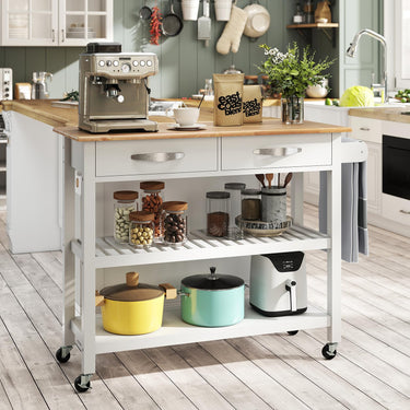 3-Tier Rolling Utility Kitchen Island with Storage Wood Countertop