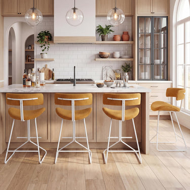 Fabric Upholstered Armless Barstools with Curved Back & Padded Seat, Metal Legs & Footrest