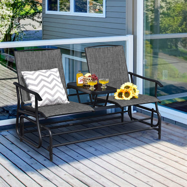 2 Person Outdoor Double Glider Chair, Mesh Fabric Rocking Chair w/Center Tempered Glass Table