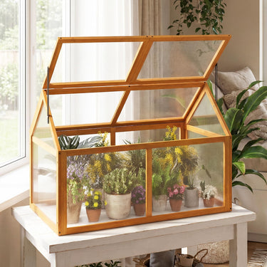 Wood Cold Frame Greenhouse, Portable Raised Flower Planter Protection with Transparent Panels