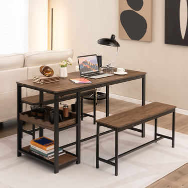 4-Person 3 Pieces Dining Table Set with 2 Benches and Wine Rack