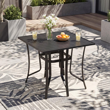 Square Patio Table for 4, 91 cm Square Metal Slat Table with 4-6 cm Adjustable Umbrella Hole
