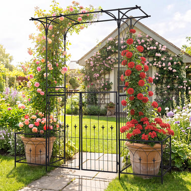 Garden Arch Trellis with Gate and Planter Boxes, 206cm Heavy Duty Metal Arbor