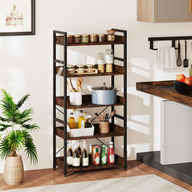 5-Tier Tall Industrial Bookshelf with Open Shelves and 4 Hooks