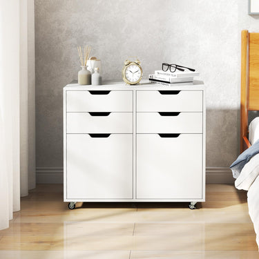 4-Drawer Mobile Wood Storage Cabinet with 2 Doors and 5 Universal Wheels