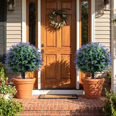 2 Pack Artificial Lavender Boxwood Topiary Ball Trees, 70cm Faux Floral Shrubs w/Ground Spikes