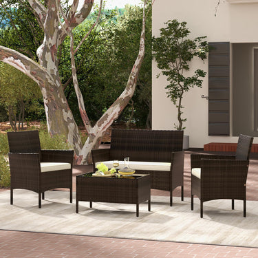 4 Pieces Outdoor Patio Furniture Set with Tempered Glass Coffee Table and Cushions