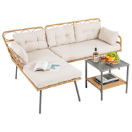 3 Pieces Corner Patio Furniture, PE Rattan L-Shaped Cushioned Sofa Set