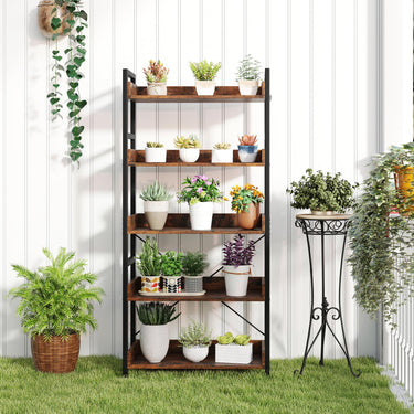5-Tier Tall Industrial Bookshelf with Open Shelves and 4 Hooks