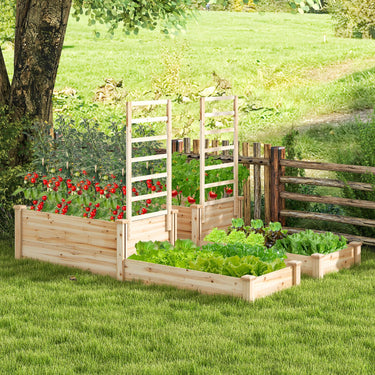 Raised Garden Bed with Trellis, 2-Tier Wood Planter Box w/Open-Ended Bottom for Vegetables - PatiojoyAU