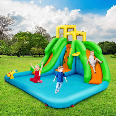 6 in 1 Inflatable Castle Water Park w/Climbing Wall, Basketball Rim