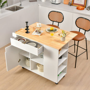 Drop-Leaf Rolling Kitchen Island with Rubber Wood Top & Drawer