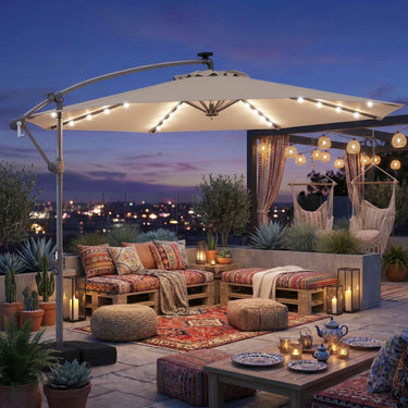 3M Offset Cantilever Patio Umbrella with Solar LED Lights, Outdoor Hanging Market Umbrella