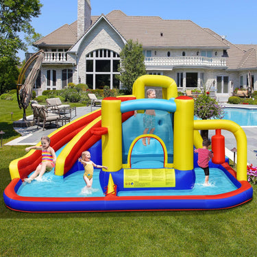 7-in-1 Inflatable Bounce Castle with Curved Water Slide